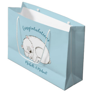 Grand Sac Cadeau Ours polaire Baby shower Hiver bleu garçon