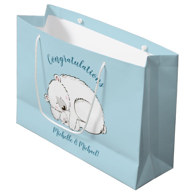 Grand Sac Cadeau Ours polaire Baby shower Hiver bleu garçon (Devant Angle)
