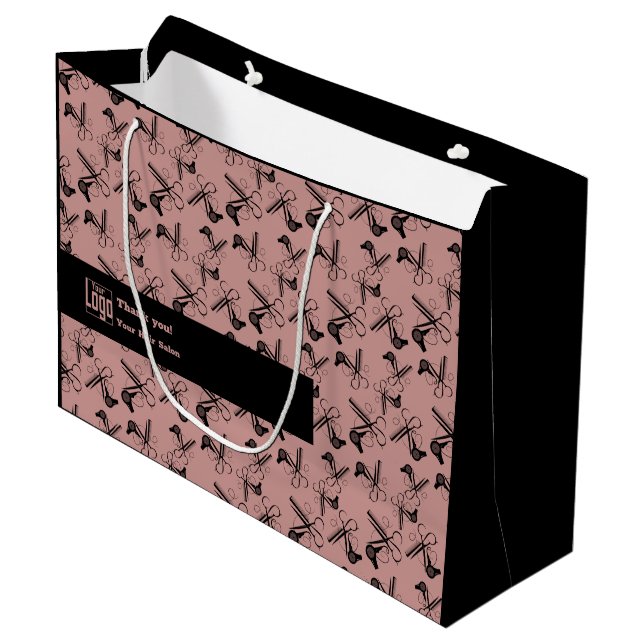 Grand Sac Cadeau Outils Salon Logo Motif Motto QR Code Rose Noir (Devant Angle)