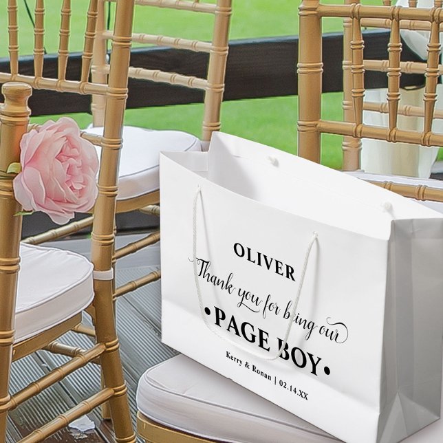 Grand Sac Cadeau Page personnalisée Garçon Merci noir et blanc (Black and White Wedding Thank You Gift Bag for Page Boy)