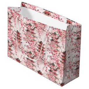 Grand Sac Cadeau Pagode chinoise aquarelle aux fleurs de cerisiers