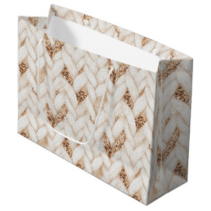Grand Sac Cadeau Paillettes dorées tissu faux tissé blanc Anniversa