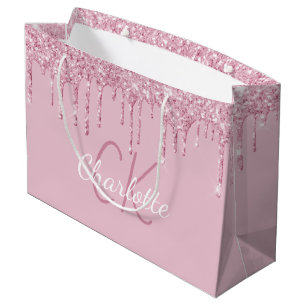 Grand Sac Cadeau Paillettes roses gouttes monogramme scintillement 