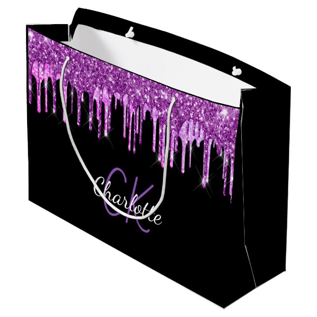 Grand Sac Cadeau Paillettes violettes qui gouttent monogramme noir  (Dos Angle)