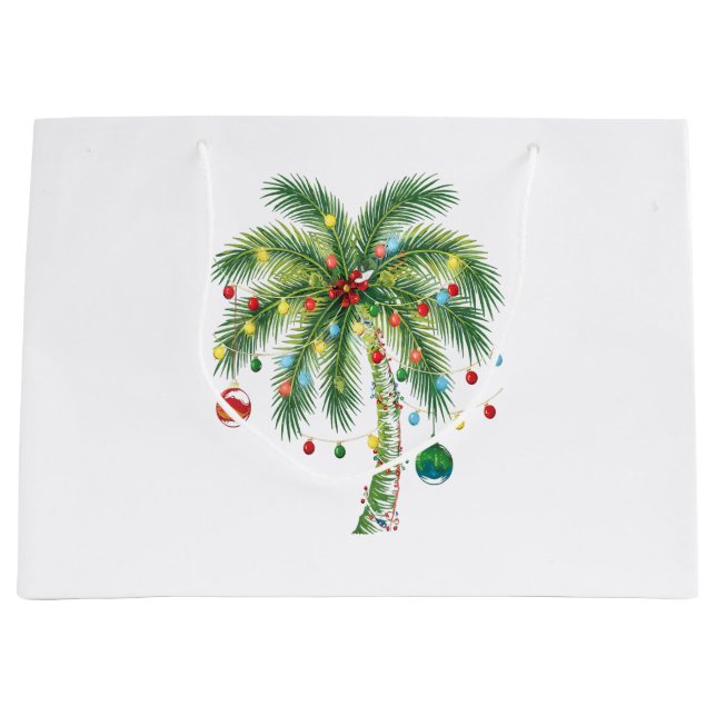 Grand Sac Cadeau Palmier de Noël tropical avec lumières et ornam (Devant)