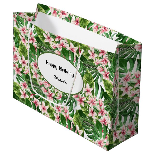 Grand Sac Cadeau Palmier Tropical Et Fleurs Plumeria (Devant Angle)