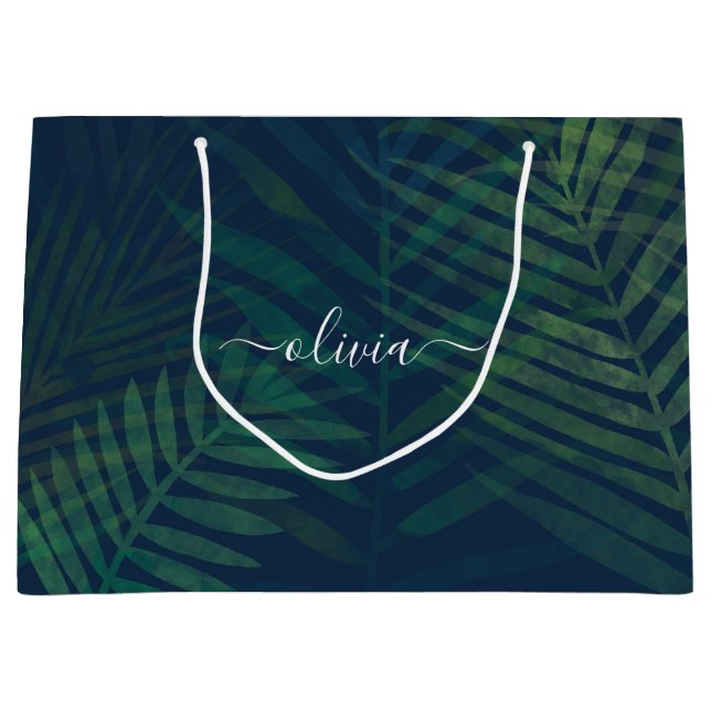 Grand Sac Cadeau Palmiers vert foncé motif feuille (Devant)