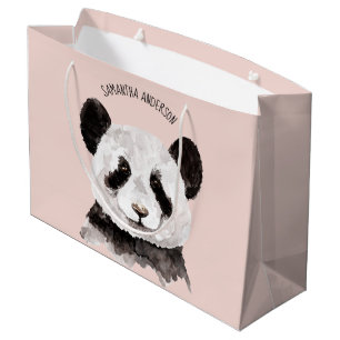 Grand Sac Cadeau Panda Aquarelle Moderne Avec Nom Et Pastel Rose