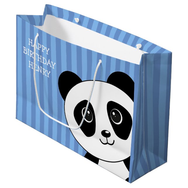 Grand Sac Cadeau Panda Bear avec Bleu Stripes Anniversaire (Devant Angle)