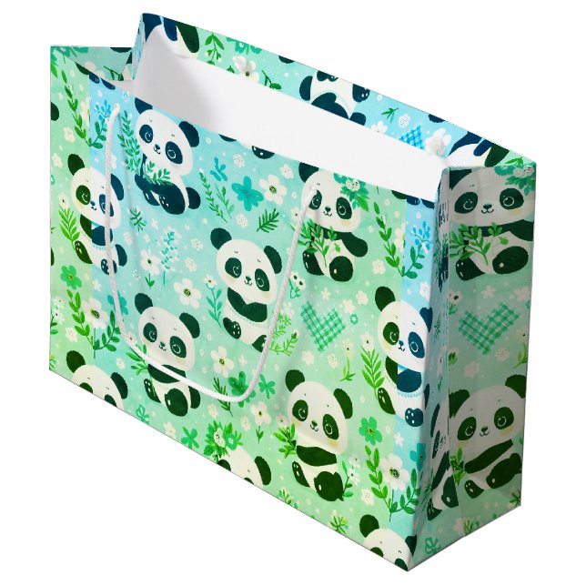 Grand Sac Cadeau Panda Bear Motif Vert Imprimer (Devant Angle)
