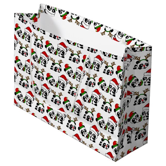 Grand Sac Cadeau Pandas de Noël (Devant Angle)