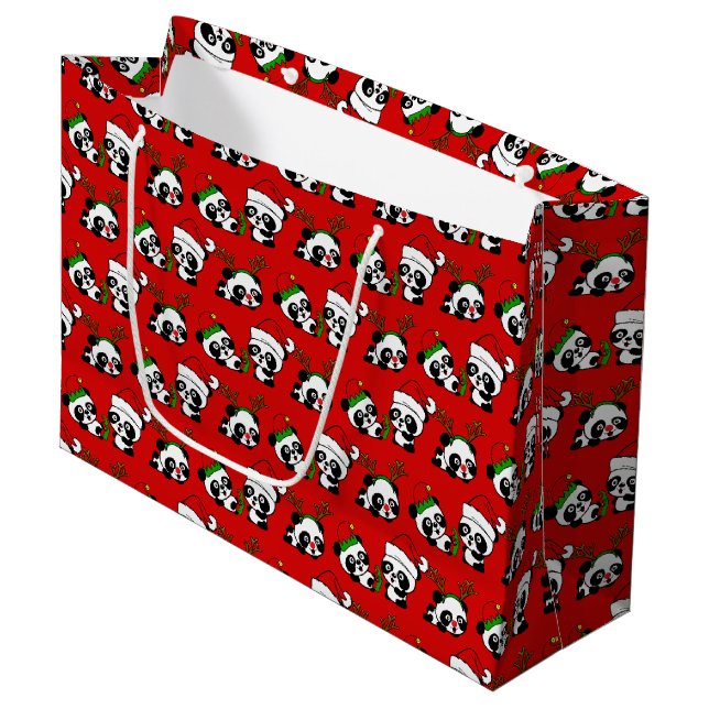 Grand Sac Cadeau Pandas de Noël (Devant Angle)