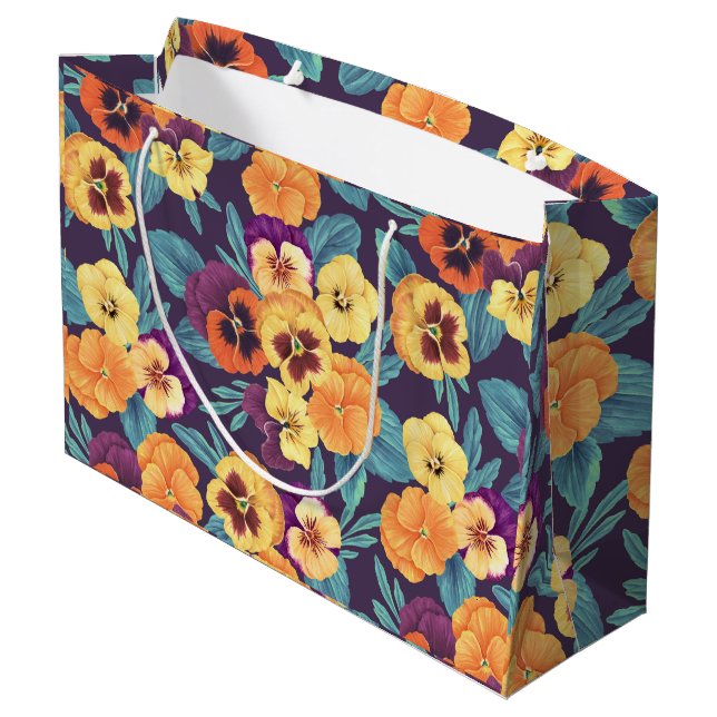 Grand Sac Cadeau Pansies sur violet de prune (Dos Angle)