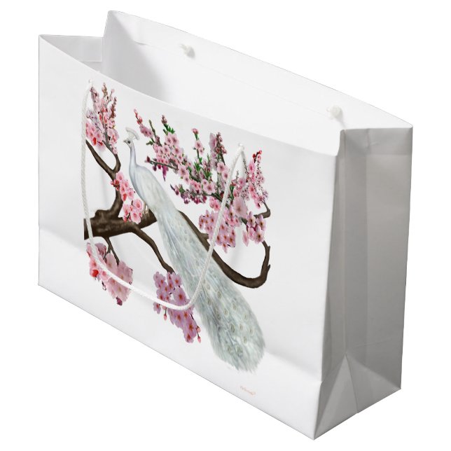 Grand Sac Cadeau Paon de fleurs de cerisier (Devant Angle)