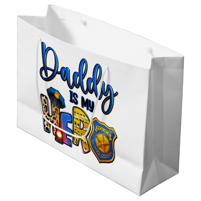 Grand Sac Cadeau Papa Policier Héros (Devant Angle)