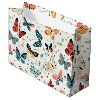Grand Sac Cadeau Papillon Coloré, Motif de Fleurs et de Feuilles