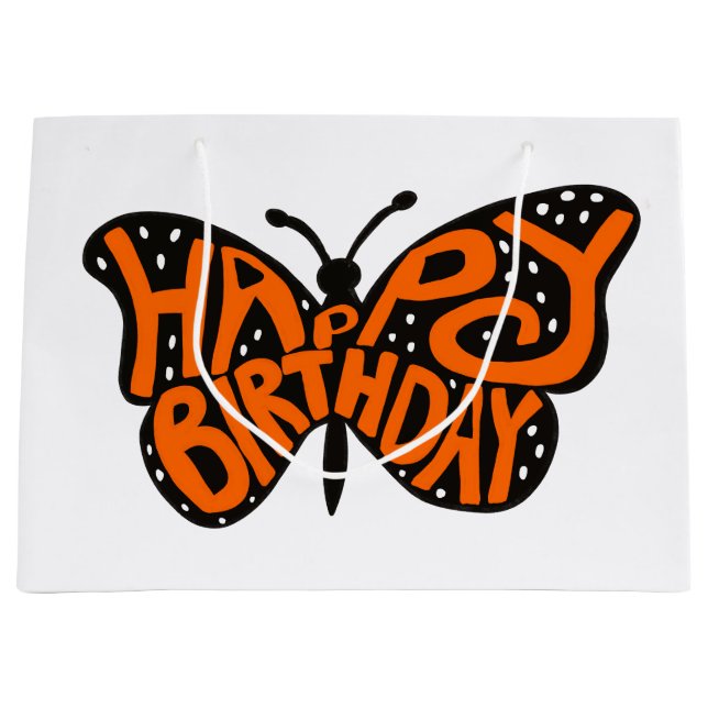 Grand Sac Cadeau Papillon Monarque Noir et Orange Joyeux Anniversai (Devant)