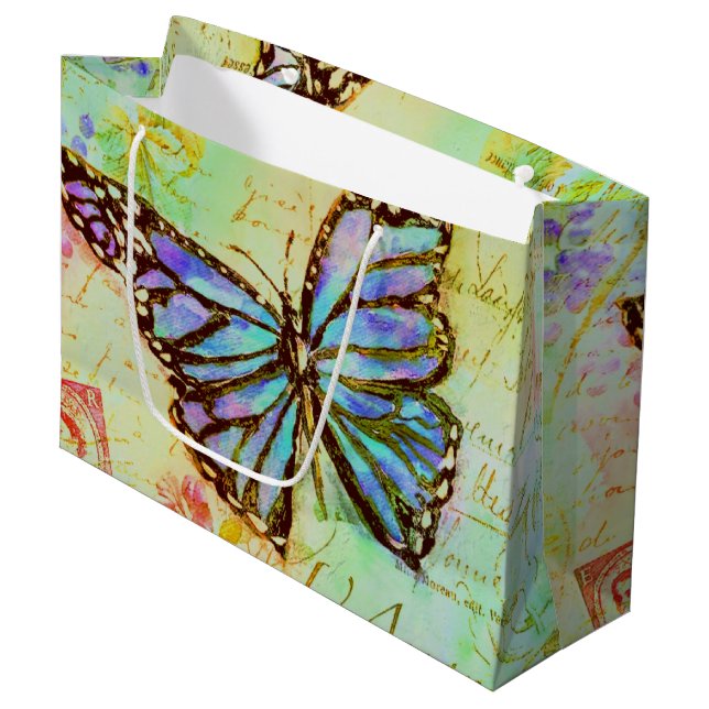 Grand Sac Cadeau papillon turquoise et violet (Devant Angle)