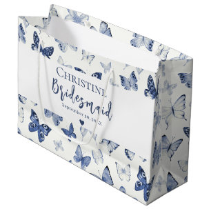 Grand Sac Cadeau Papillons à l'aquarelle bleue Demoiselles d'honneu