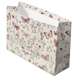 Grand Sac Cadeau Papillons Crème Violette Fleuris Anniversaire