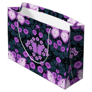 Grand Sac Cadeau Papillons et symétrie des fleurs, violet et bleu