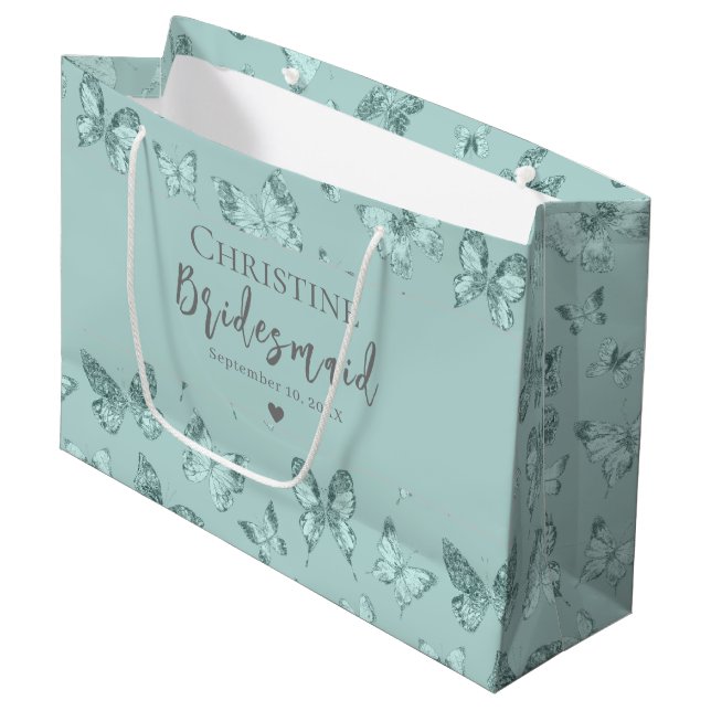 Grand Sac Cadeau Papillons Pastel Mint Green Glittery Luxe (Devant Angle)