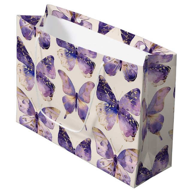 Grand Sac Cadeau Papillons Purple Gold Anniversaire (Devant Angle)