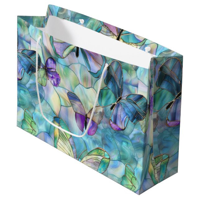 Grand Sac Cadeau Papillons turquoise bleu violet (Devant Angle)