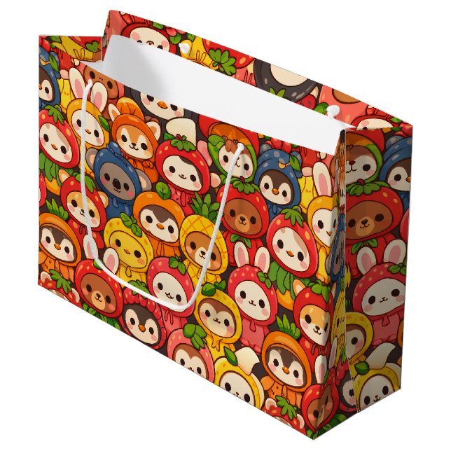 Grand Sac Cadeau Parade des amis fruits | Chibi d'animaux mignons (Devant Angle)