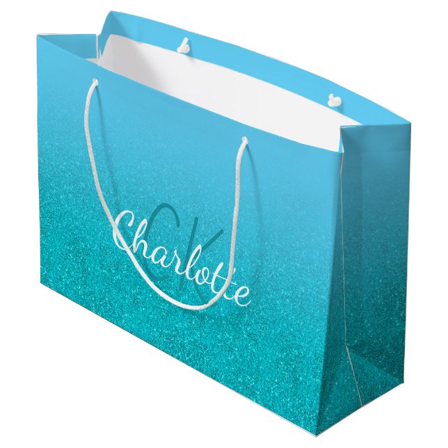 Grand Sac Cadeau parties scintillant bleu turquoise aqua monogramme (Dos Angle)