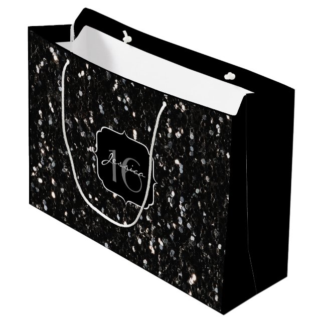 Grand Sac Cadeau Parties scintillant brillante noire et blanche Dou (Devant Angle)