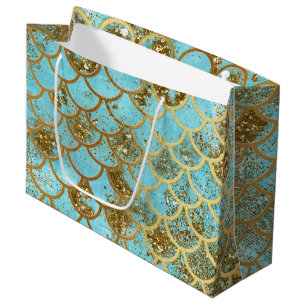 Grand Sac Cadeau Parties scintillant d'or bleu Iridescente Mermaid