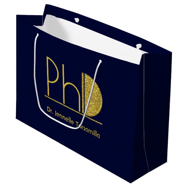 Grand Sac Cadeau Parties scintillant d'or Bleu PhD Graduation (Devant Angle)