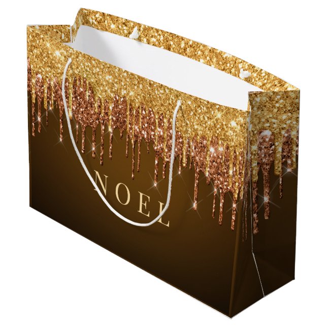 Grand Sac Cadeau Parties scintillant d'or goutte texte personnalisé (Dos Angle)