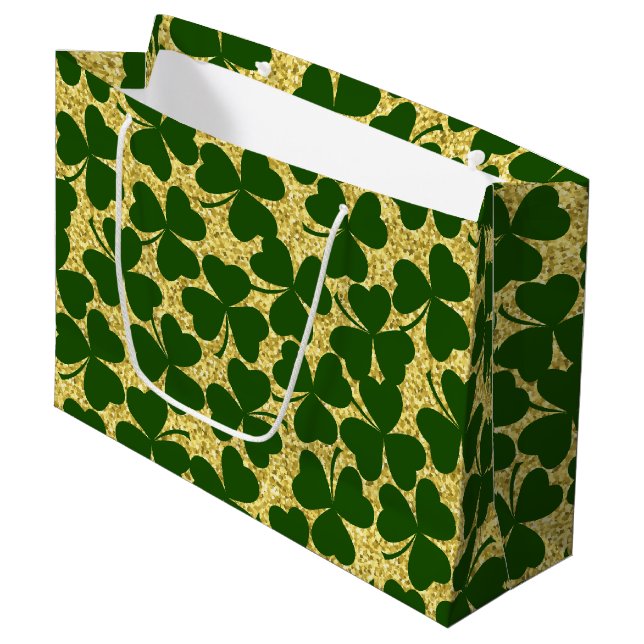 GRAND SAC CADEAU PARTIES SCINTILLANT D'OR REGARDEZ AVEC SHAMROCK IR (Devant Angle)