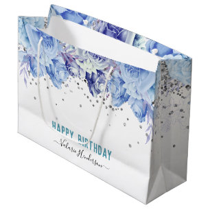 Grand Sac Cadeau Parties scintillant florale Bleu clair Joyeux anni