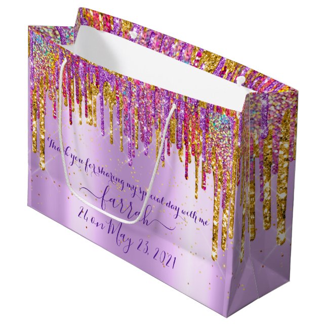 Grand Sac Cadeau Parties scintillant Gold Drip Rose Sweet16e Violet (Devant Angle)