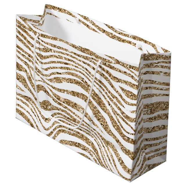 Grand Sac Cadeau Parties scintillant Gold Faux Zebra (Devant Angle)