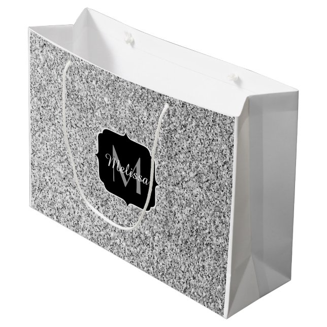 Grand Sac Cadeau Parties scintillant gris argent scintille Monogram (Devant Angle)
