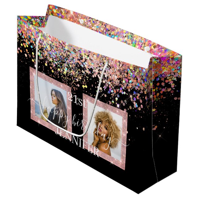 Grand Sac Cadeau Parties scintillant Holographique Photo personnali (Devant Angle)