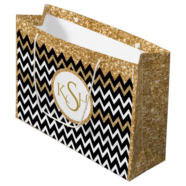 Grand Sac Cadeau Parties scintillant noir blanc et or Motif Chevron (Devant Angle)