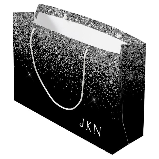 Grand Sac Cadeau Parties scintillant noire argent Monogramme Nom de (Dos Angle)