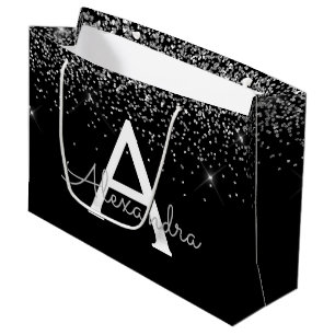 Grand Sac Cadeau Parties scintillant noire en argent et monogramme 
