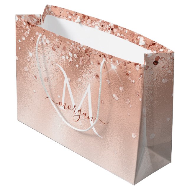 Grand Sac Cadeau Parties scintillant Peach Rose or Monogramme (Dos Angle)