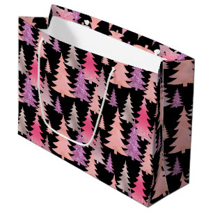 Grand Sac Cadeau Parties scintillant Pink Noir Arbre de Noël Motif