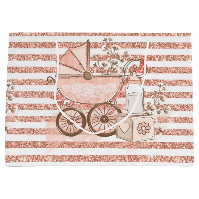 Grand Sac Cadeau Parties scintillant ROSE REGARDER BÉBÉ FILLE PRAM  (Devant)