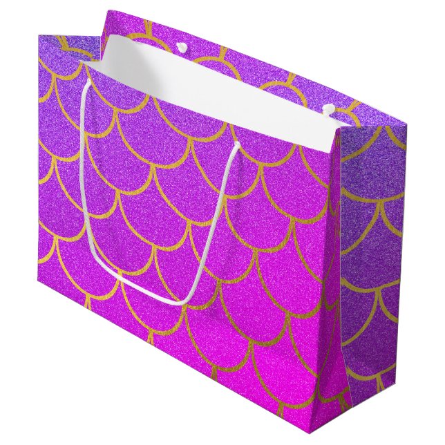 Grand Sac Cadeau Parties scintillant rose violet de sirène or (Devant Angle)