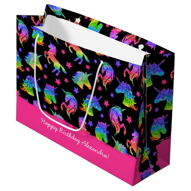 Grand Sac Cadeau Parties scintillant Unicorn Arc en ciel avec préno (Devant Angle)