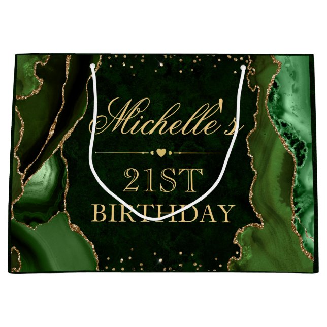 Grand Sac Cadeau Parties scintillant verte et or Marbre Agate Anniv (Devant)