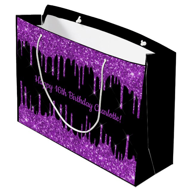 Grand Sac Cadeau Parties scintillant violet d'anniversaire gouttes  (Dos Angle)